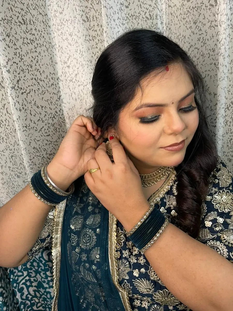 Teal Twilight — Metallic lids · Side-swept braid